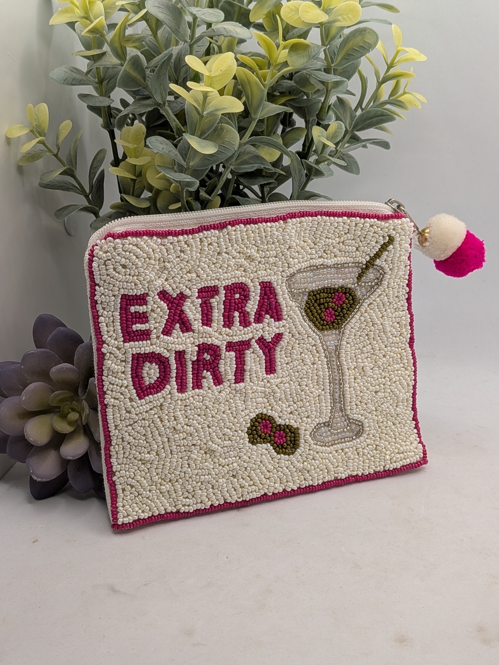 Extra Dirty Beaded Zip Pouch - Pink and Cream